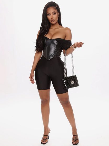 Black Cami Top Off-The-Shoulder Sexy PU Leather Women Camis
