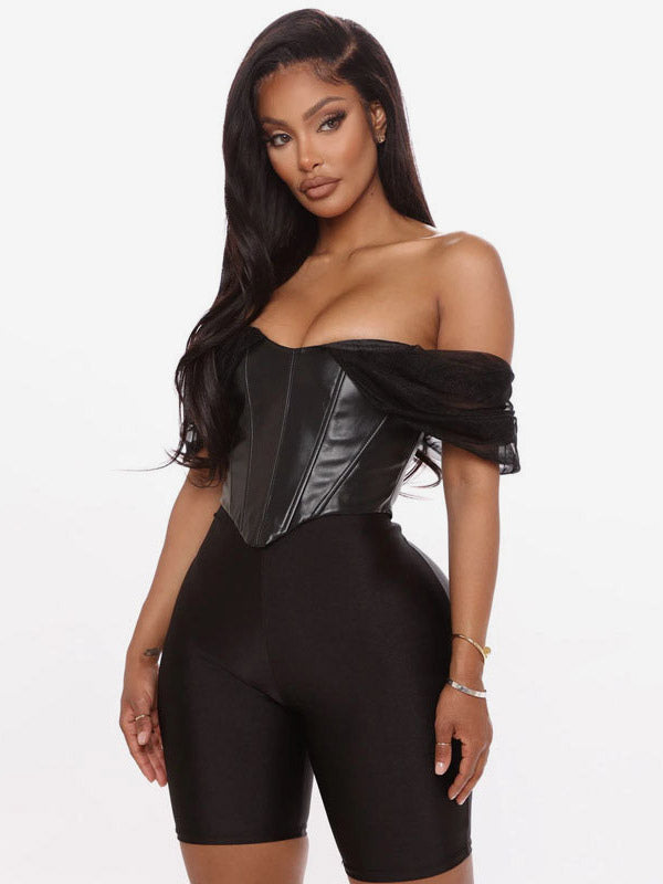 Black Cami Top Off-The-Shoulder Sexy PU Leather Women Camis