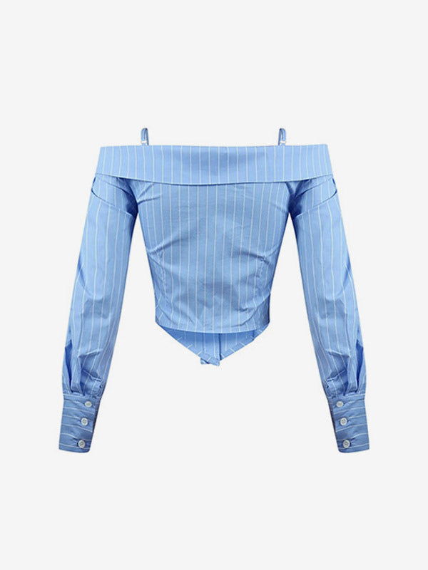 Blouse For Women Light Sky Blue Off-The-Shoulder Shaping Elegant Long Sleeves Tops