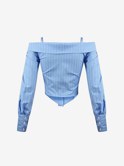 Blouse For Women Light Sky Blue Off-The-Shoulder Shaping Elegant Long Sleeves Tops