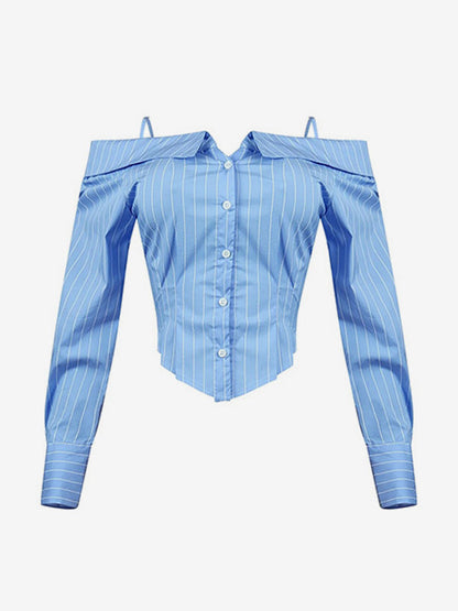 Blouse For Women Light Sky Blue Off-The-Shoulder Shaping Elegant Long Sleeves Tops