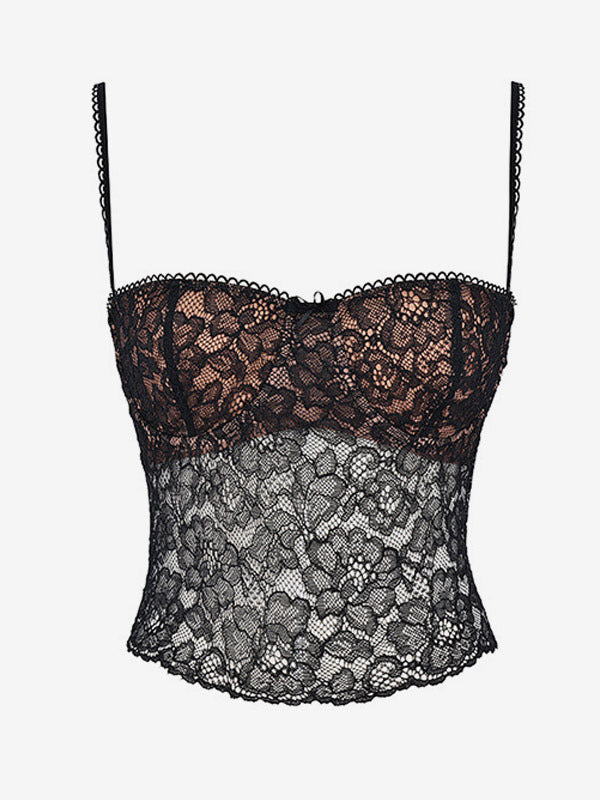 Blouse For Women Black Lace Straps Neck Sexy Lace Cut Out Sleeveless Tops