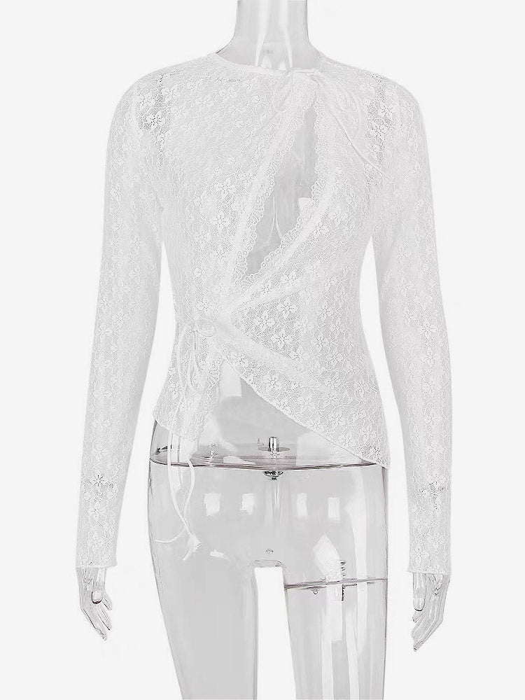 Blouse For Women White Lace Jewel Neck Clothes Sexy Cut Out Lace Long Sleeves Tops