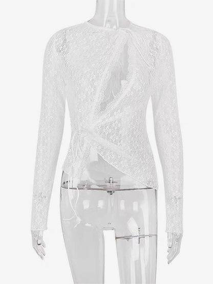 Blouse For Women White Lace Jewel Neck Clothes Sexy Cut Out Lace Long Sleeves Tops