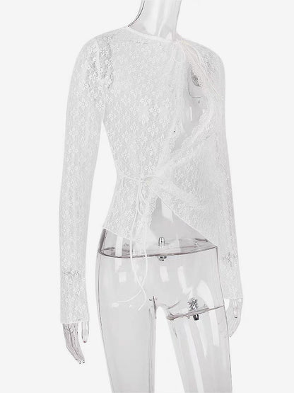 Blouse For Women White Lace Jewel Neck Clothes Sexy Cut Out Lace Long Sleeves Tops