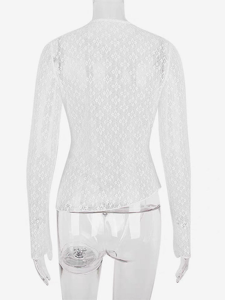 Blouse For Women White Lace Jewel Neck Clothes Sexy Cut Out Lace Long Sleeves Tops