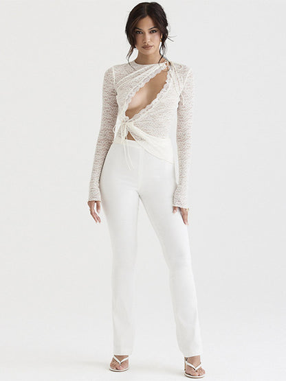Blouse For Women White Lace Jewel Neck Clothes Sexy Cut Out Lace Long Sleeves Tops