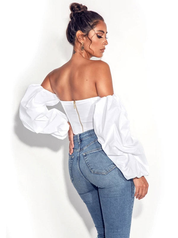 Shirt For Women Blue Strapless Sexy Long Sleeves Tops