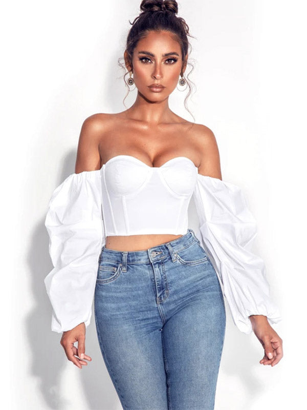 Shirt For Women Blue Strapless Sexy Long Sleeves Tops