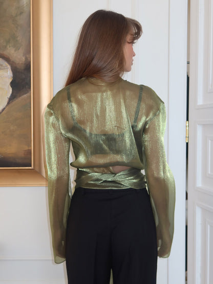Blouse For Women Green Cropped V-Neck Elegant Long Sleeves Tops