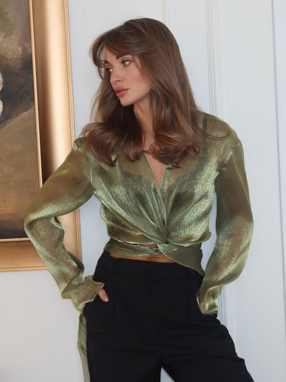 Blouse For Women Green Cropped V-Neck Elegant Long Sleeves Tops