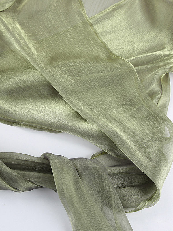 Blouse For Women Green Cropped V-Neck Elegant Long Sleeves Tops