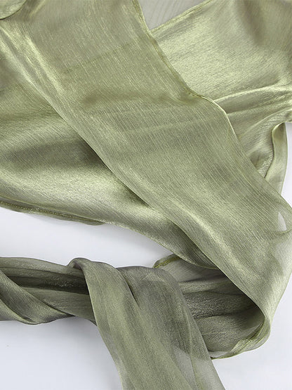 Blouse For Women Green Cropped V-Neck Elegant Long Sleeves Tops