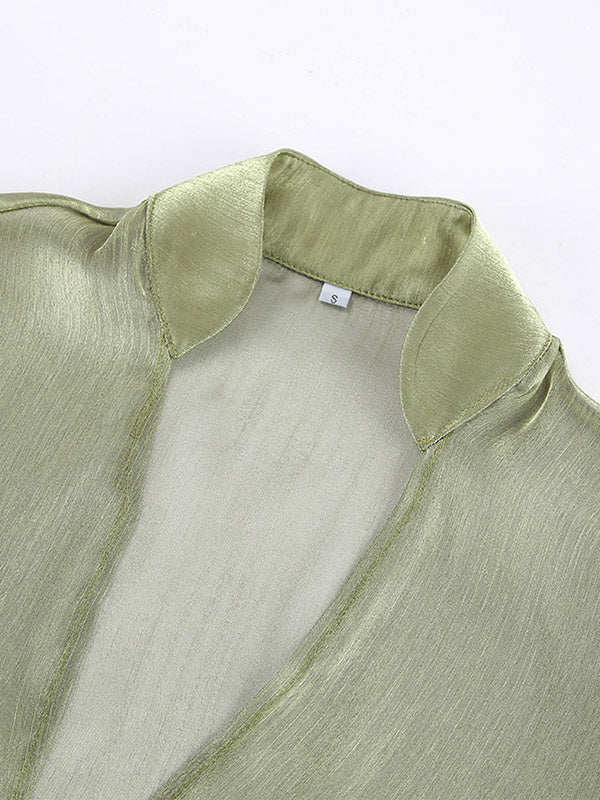 Blouse For Women Green Cropped V-Neck Elegant Long Sleeves Tops