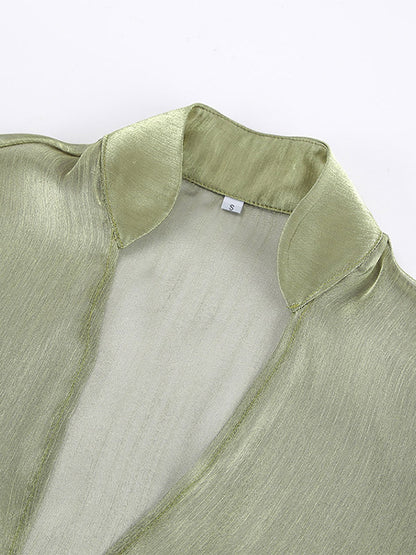 Blouse For Women Green Cropped V-Neck Elegant Long Sleeves Tops
