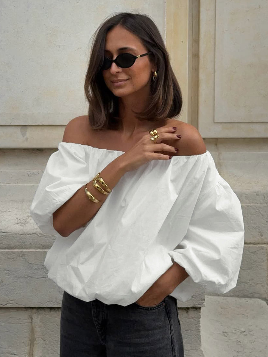 Blouse For Women White Off-The-Shoulder Elegant Long Sleeves Cotton Tops
