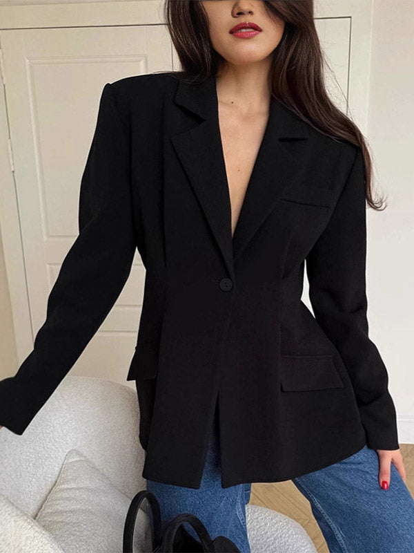 Women Notched Lapel Single Button Fitted Waist Tailored Black Blazer Jacket