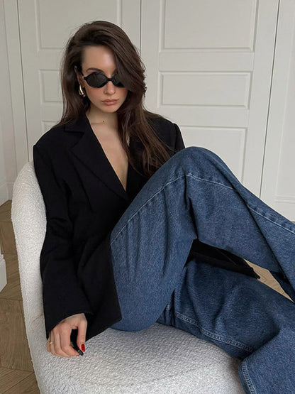 Women Notched Lapel Single Button Fitted Waist Tailored Black Blazer Jacket