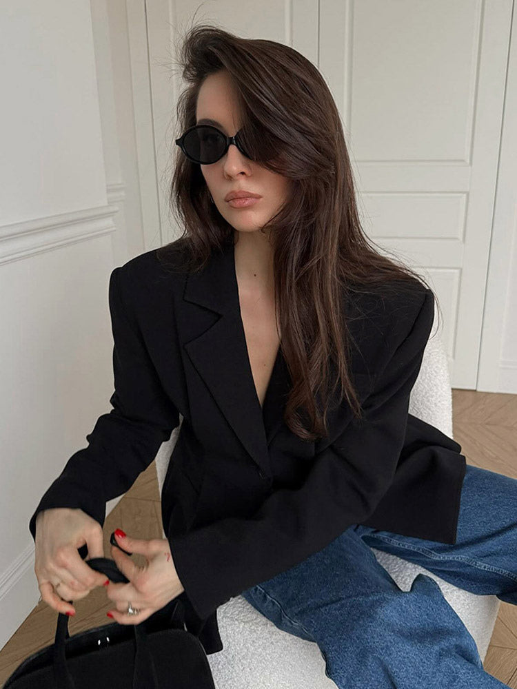 Women Notched Lapel Single Button Fitted Waist Tailored Black Blazer Jacket