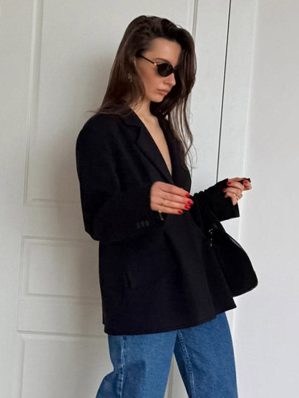 Women Notched Lapel Single Button Fitted Waist Tailored Black Blazer Jacket