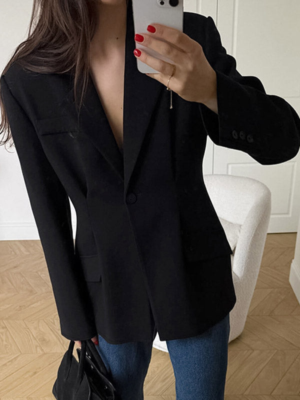 Women Notched Lapel Single Button Fitted Waist Tailored Black Blazer Jacket