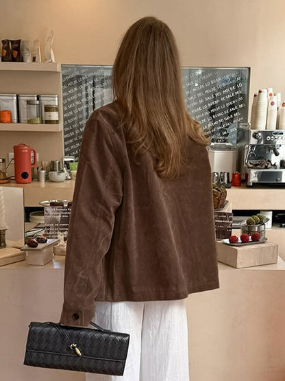 Women Faux Suede Lapel Button Down Cropped Jacket Pocket Vintage Casual Coat
