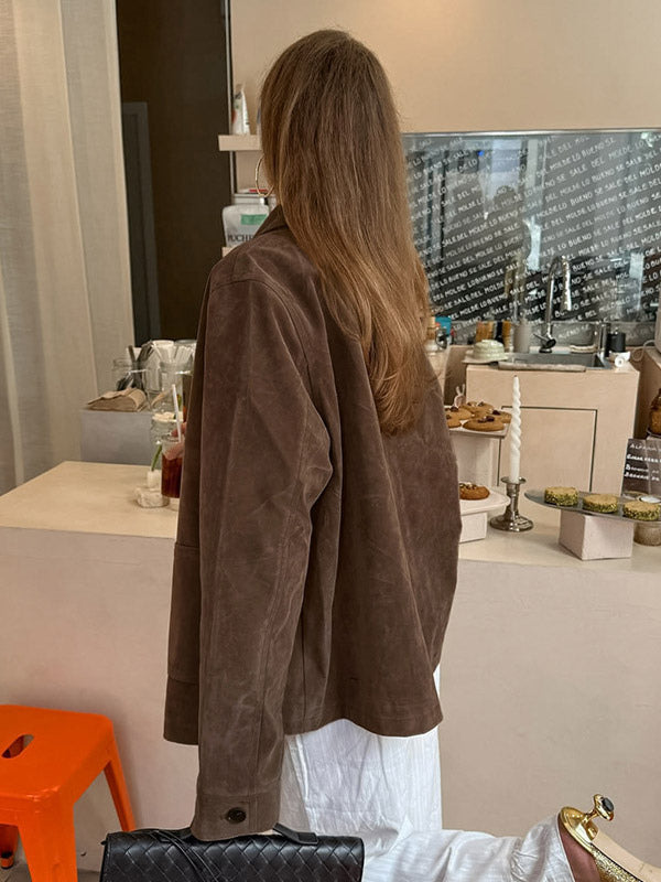 Women Faux Suede Lapel Button Down Cropped Jacket Pocket Vintage Casual Coat