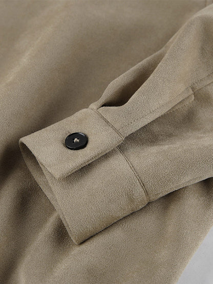 Women Faux Suede Lapel Zip Bomber Jacket Elastic Rib Hem Cropped Casual Coat
