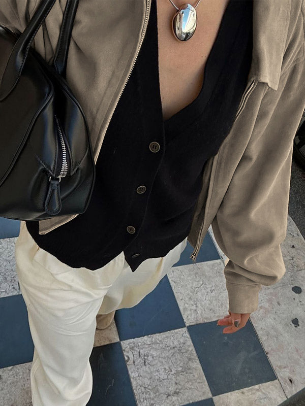 Women Faux Suede Lapel Zip Bomber Jacket Elastic Rib Hem Cropped Casual Coat