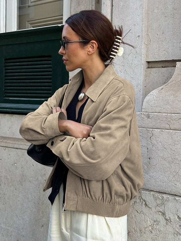 Women Faux Suede Lapel Zip Bomber Jacket Elastic Rib Hem Cropped Casual Coat