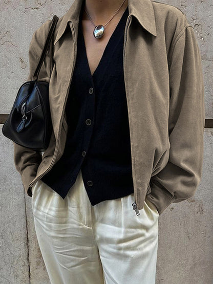 Women Faux Suede Lapel Zip Bomber Jacket Elastic Rib Hem Cropped Casual Coat