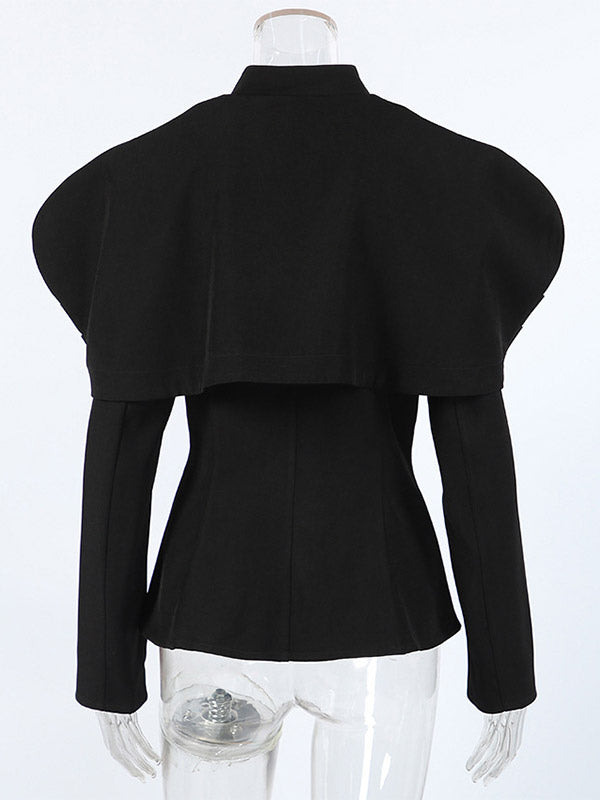 Women Stand Collar Cape Shoulder Gold Button Fitted Peplum Blazer Jacket