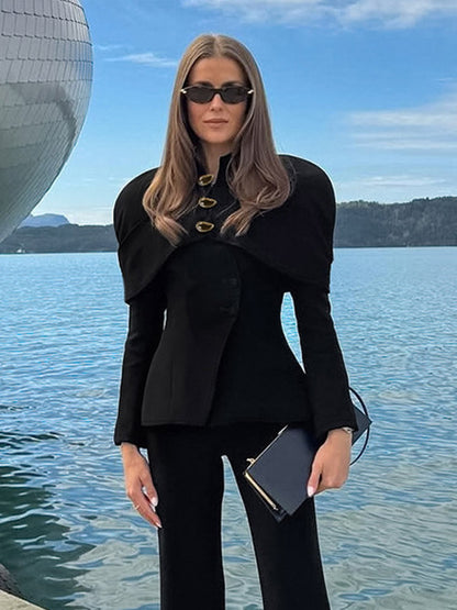 Women Stand Collar Cape Shoulder Gold Button Fitted Peplum Blazer Jacket