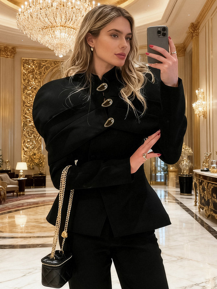 Women Stand Collar Cape Shoulder Gold Button Fitted Peplum Blazer Jacket