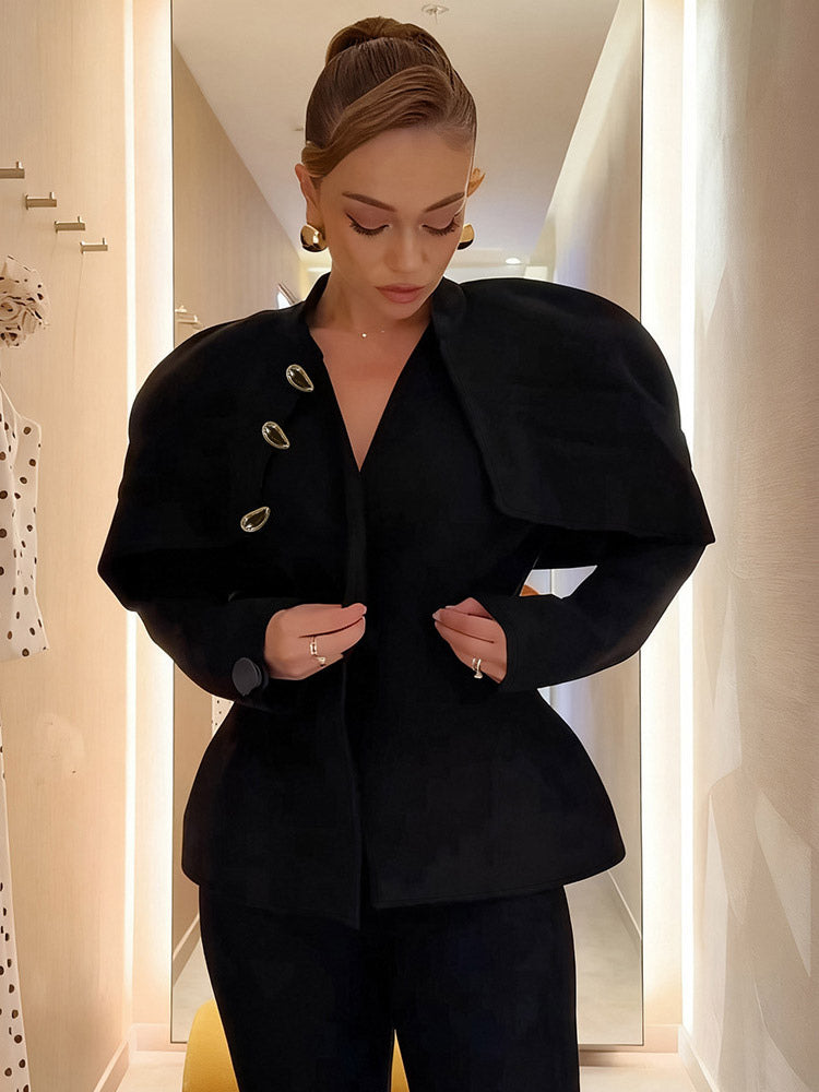 Women Stand Collar Cape Shoulder Gold Button Fitted Peplum Blazer Jacket