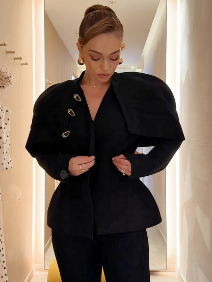 Women Stand Collar Cape Shoulder Gold Button Fitted Peplum Blazer Jacket