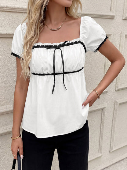 Women Square Neck Puff Short Sleeve Black Lace Bow Peplum Babydoll Blouse Top