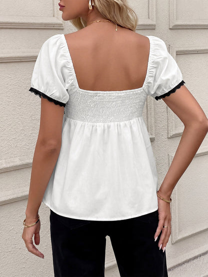 Women Square Neck Puff Short Sleeve Black Lace Bow Peplum Babydoll Blouse Top