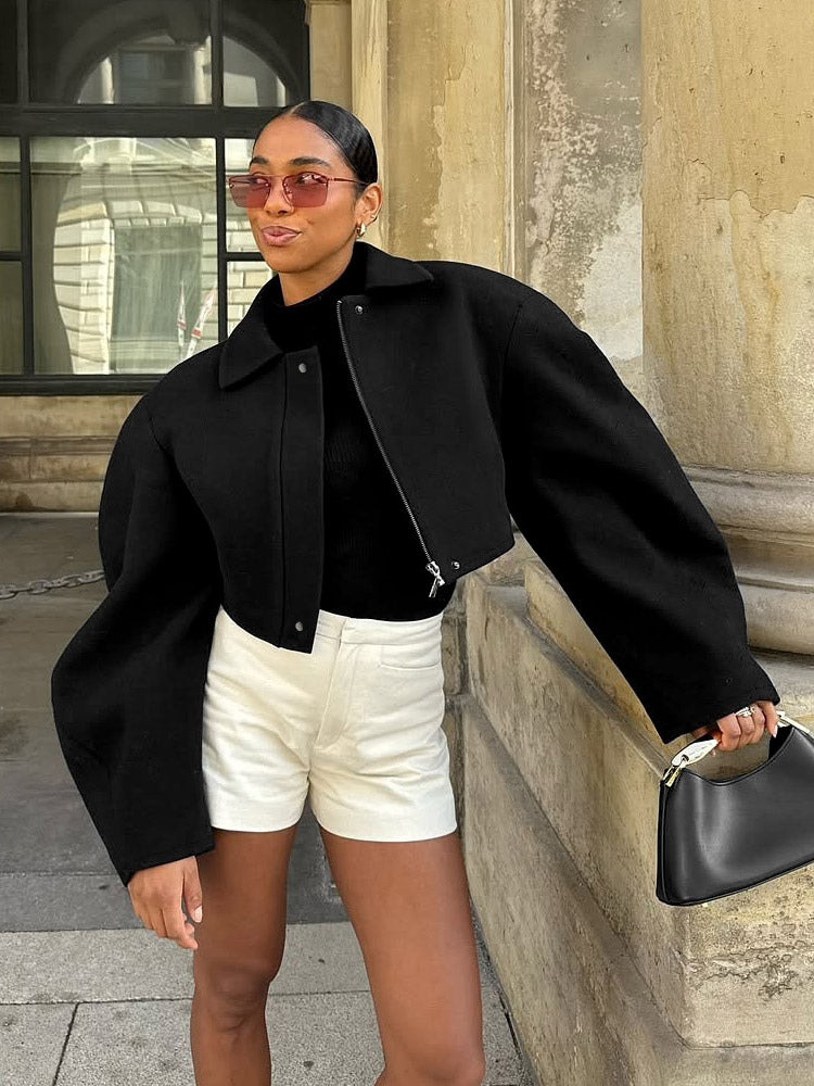 Women Lapel Collar Batwing Oversleeve Zip Up Cropped Wool Blend Jacket