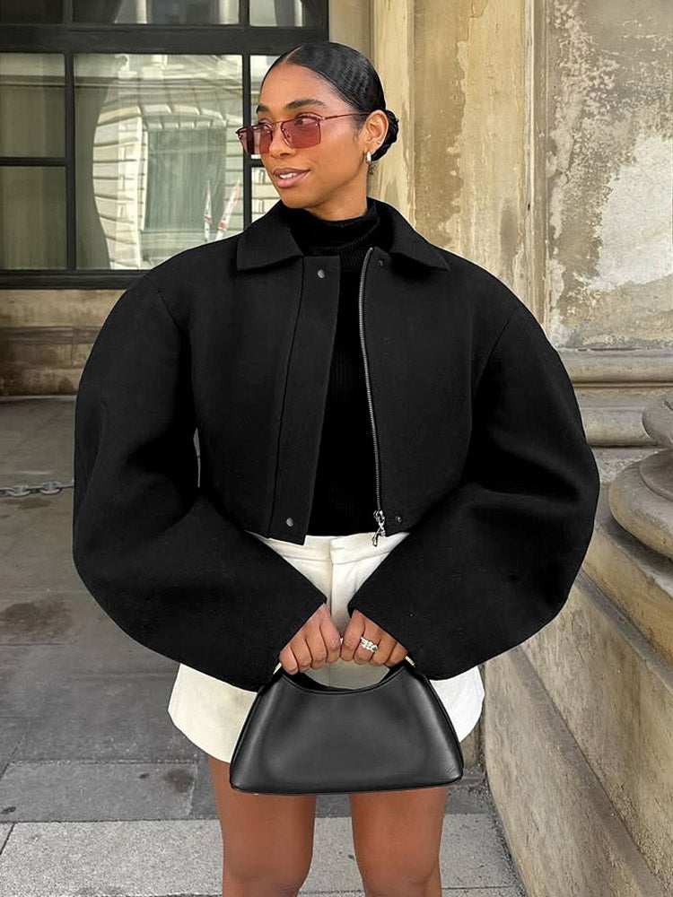 Women Lapel Collar Batwing Oversleeve Zip Up Cropped Wool Blend Jacket