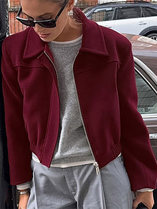 Burgundy Wine Red Minimal Collar Full Zip Elastic Cuff Waist Short Bomber Jacket