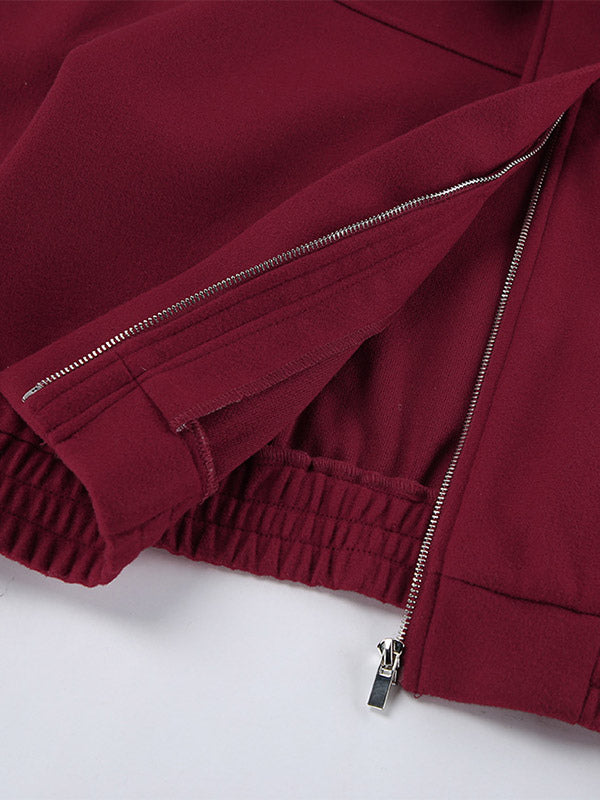 Burgundy Wine Red Minimal Collar Full Zip Elastic Cuff Waist Short Bomber Jacket