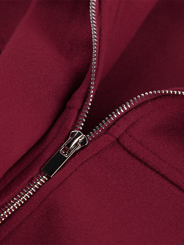 Burgundy Wine Red Minimal Collar Full Zip Elastic Cuff Waist Short Bomber Jacket
