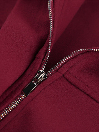 Burgundy Wine Red Minimal Collar Full Zip Elastic Cuff Waist Short Bomber Jacket
