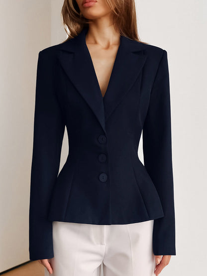 Women Peplum Waist Blazer Notched Lapel Single Breasted Fitted Office Suit Jacket
