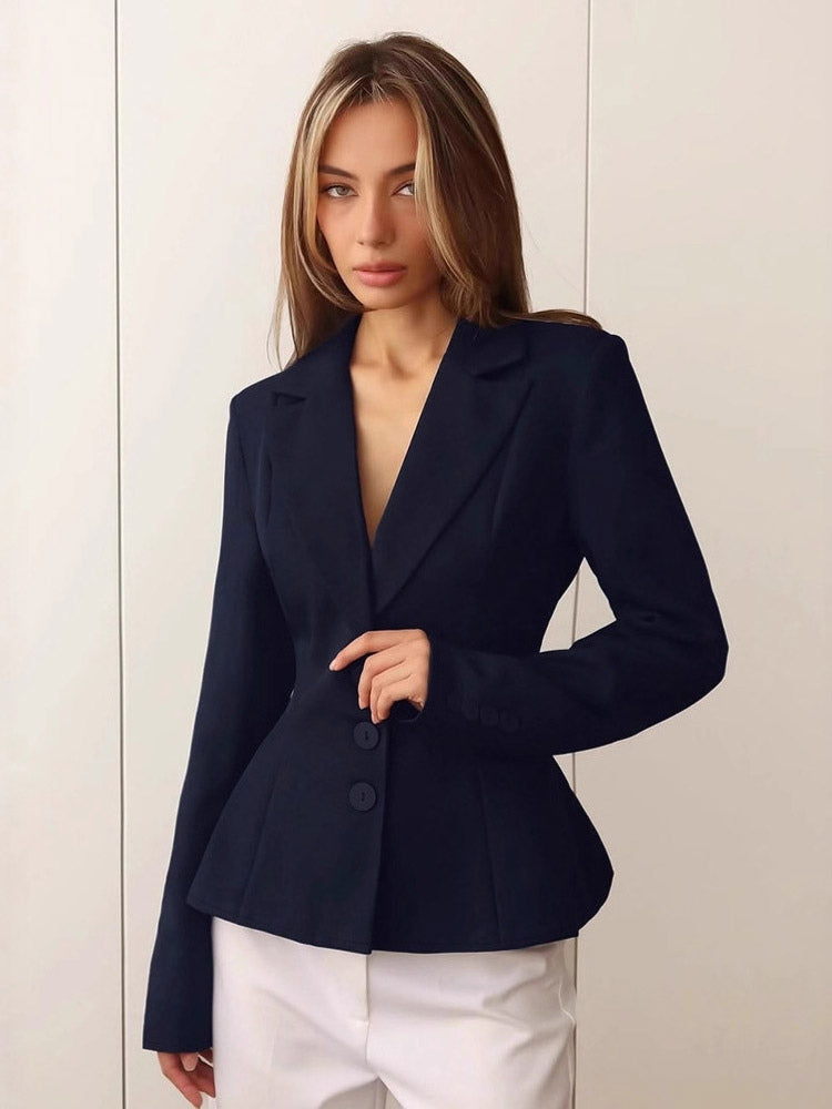Women Peplum Waist Blazer Notched Lapel Single Breasted Fitted Office Suit Jacket