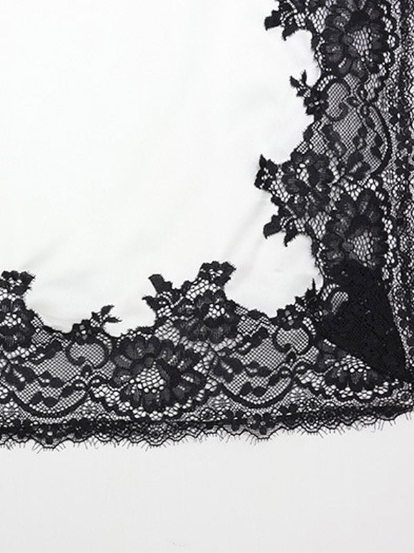 White Satin Halter Deep V Crop Top Black Lace Trim High Slit Maxi Skirt 2 Piece Set