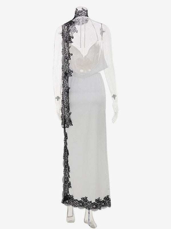White Satin Halter Deep V Crop Top Black Lace Trim High Slit Maxi Skirt 2 Piece Set