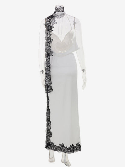 White Satin Halter Deep V Crop Top Black Lace Trim High Slit Maxi Skirt 2 Piece Set