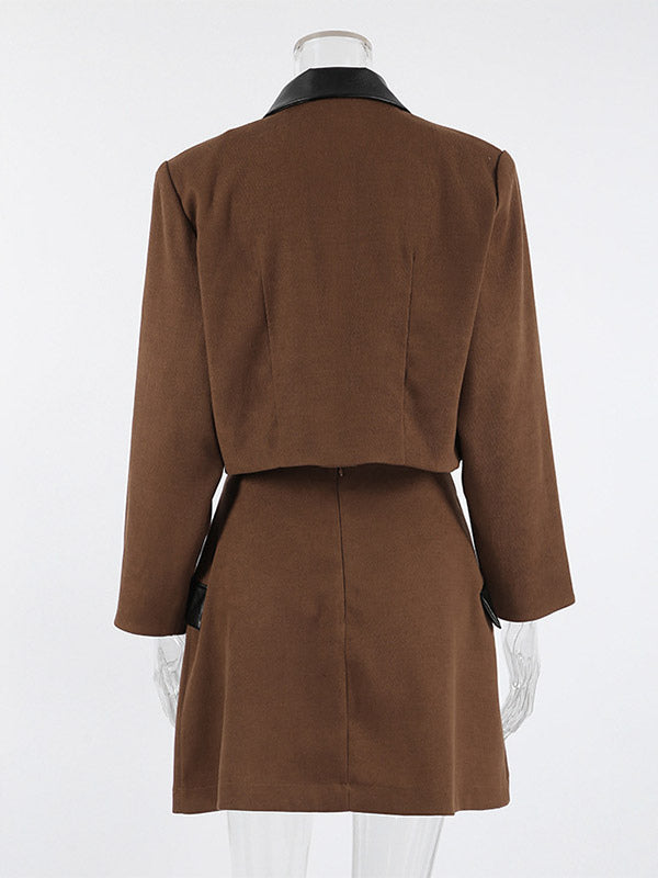 Women Contrast Leather Collar Cropped Blazer Wrap Mini Skirt 2 Piece Suit Set